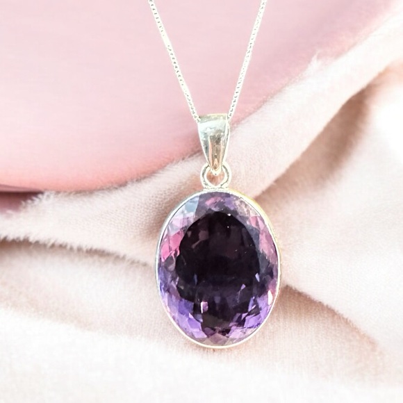 Large Oval Amethyst Sterling Silver Necklace - Picture 1 of 14